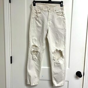 American Eagle Womens Distressed White Straight Leg Stretch Mom Jeans Size 8